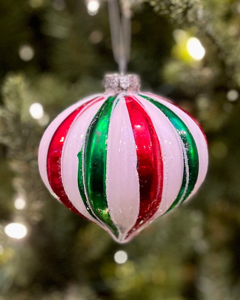 RED WHITE GREEN RIBBED ONION GLASS HANGING ORNAMENT MA098