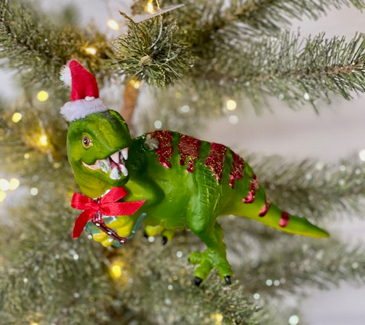 GREEN DINOSAUR GLASS HANGING ORNAMENT CXM045
