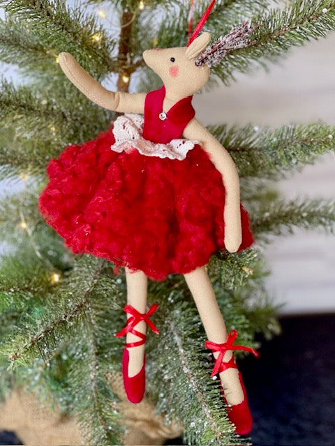 ROSEMARY DEER IN RED DRESS HANGING CXS062