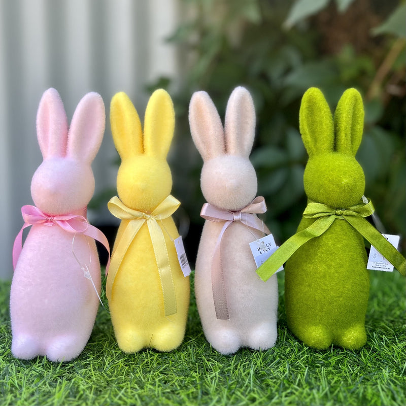 YELLOW MINI FLOCKED BUNNY WITH BOW DEM002