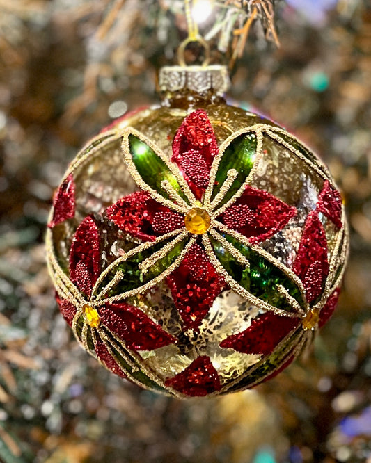TRADITONAL BEADED FLORAL GLASS ROUND BAUBLE DCI039