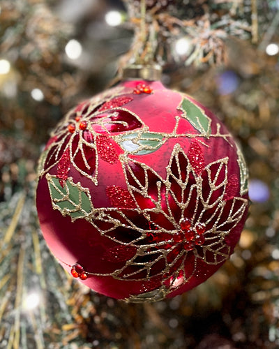 TRADITONAL MERCURY POINSETTIA GLASS ROUND BAUBLE DCI042