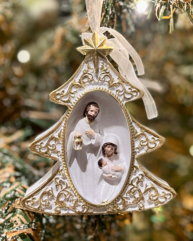 WHITE AND GOLD TREE NATIVITY HANGING ORNAMENT DXJ042