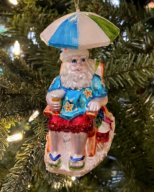 RETRO BEACH SANTA  GLASS HANGING ORNAMENT DXM051