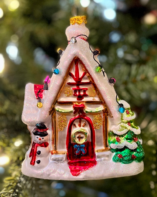 RETRO GINGERBREAD HOUSE WITH LIGHTS GLASS HANGING ORNAMENT DXM057