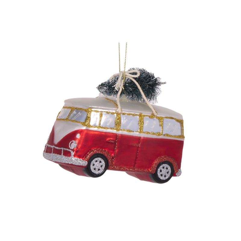 RETRO RED KOMBI VAN WITH TREE GLASS HANGING ORNAMENT DXM059