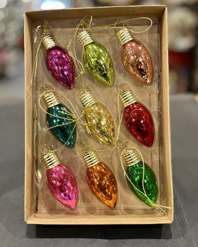 PACK OF 9 VINTAGE BULB GLASS HANGING ORNAMENTS DXK004