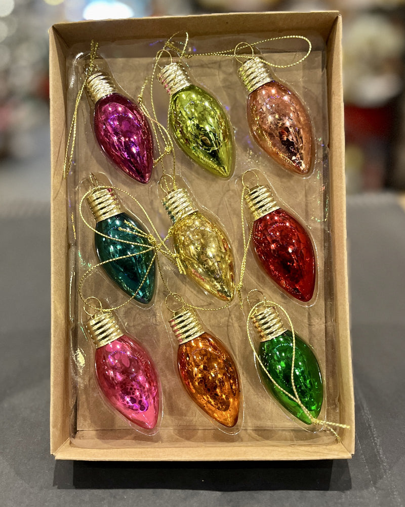 PACK OF 9 VINTAGE BULB GLASS HANGING ORNAMENTS DXK004