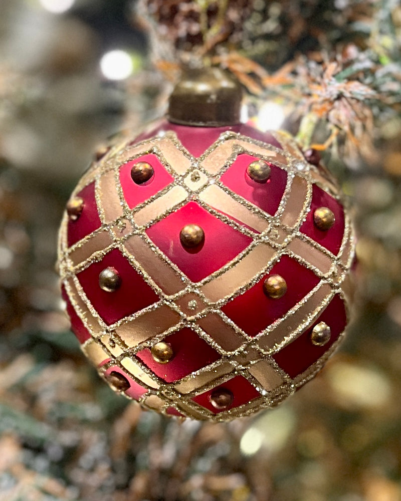 RED AND GOLD HARLEQUIN PEARL ROUND BAUBLE DXK016