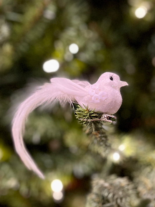 MINI WHITE GLITTER SPARROW CLIP ON BIRD DXS009