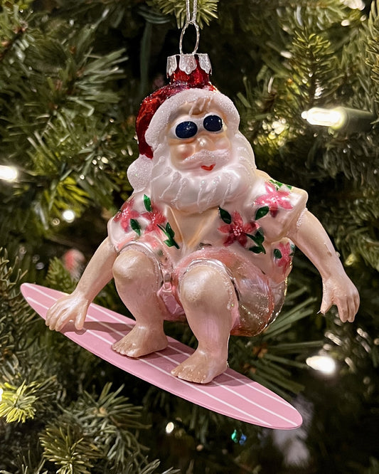 VINTAGE SURFING SANTA PINK GLASS ORNAMENT DXW001