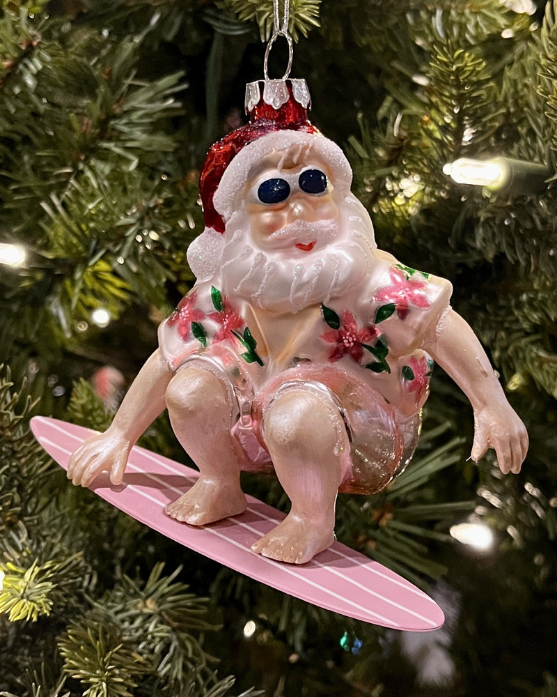 VINTAGE SURFING SANTA PINK GLASS ORNAMENT DXW001