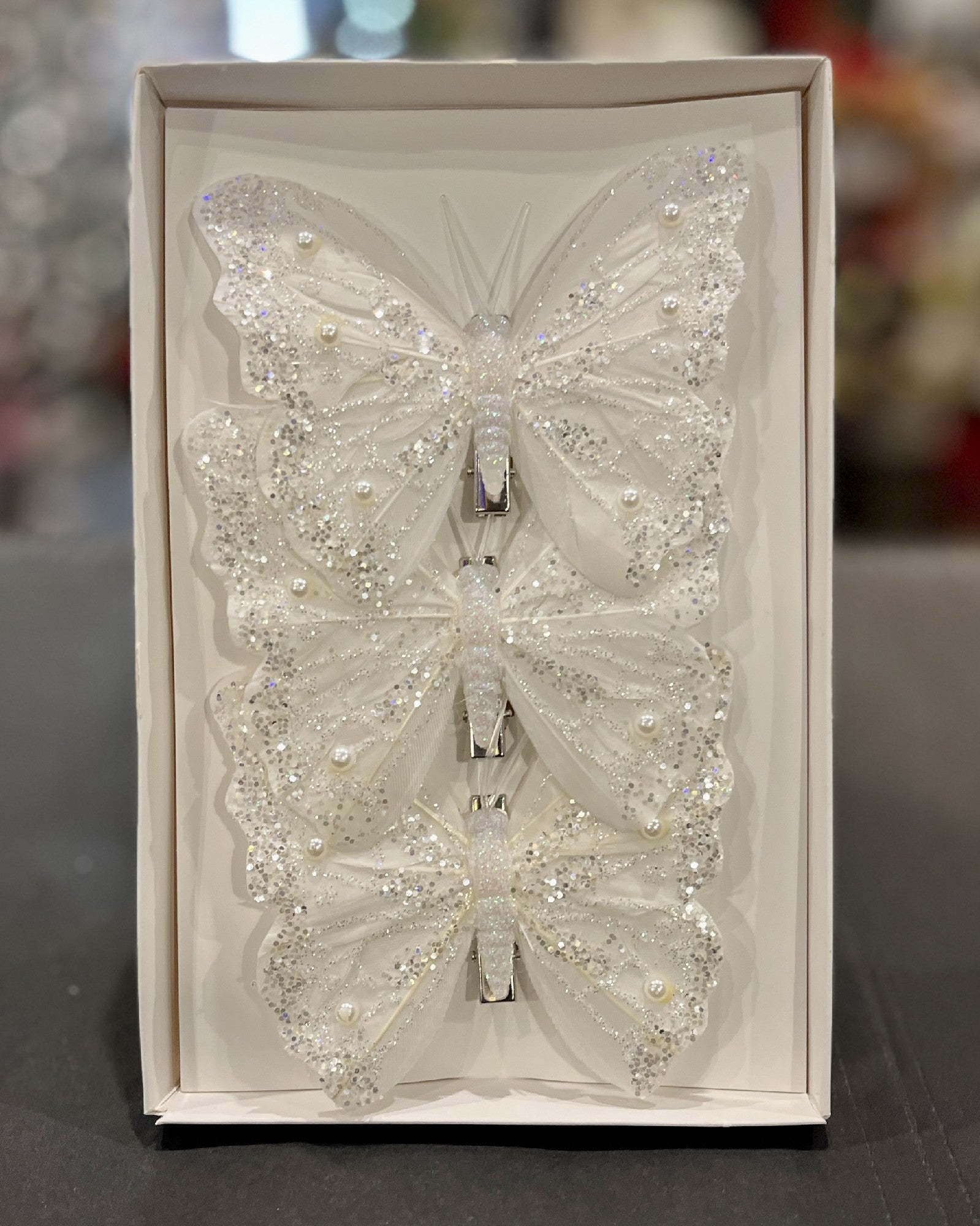 3 PACK WHITE GLITTER CLIP ON BUTTERFLIES DCY004