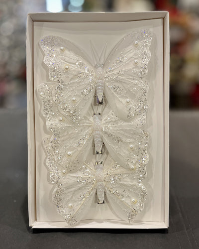 3 PACK WHITE GLITTER CLIP ON BUTTERFLIES DCY004
