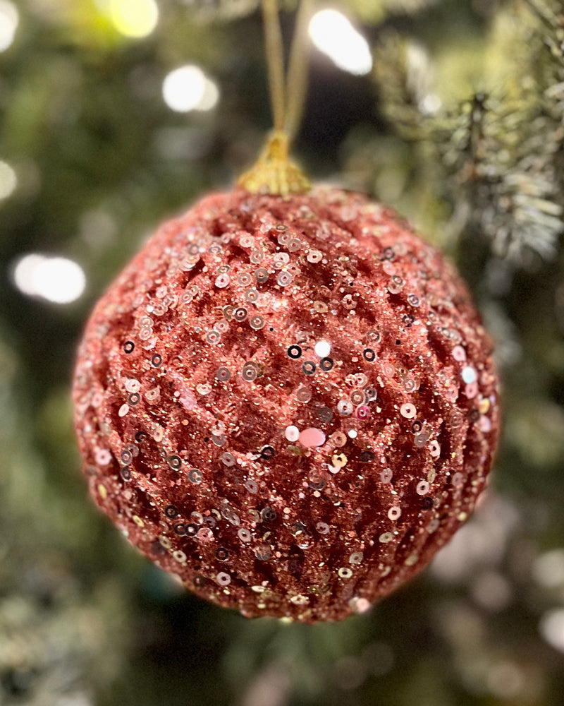 ROSE GOLD GLITTERED LATTICE ROUND BAUBLE DXW003