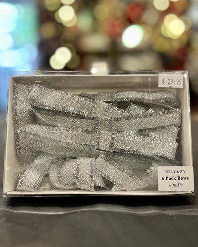 6PK SILVER TINSEL BOWS DCX010