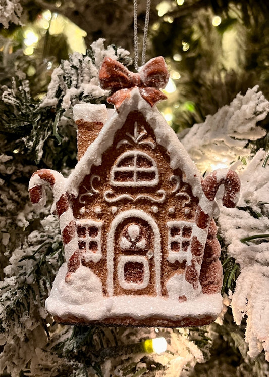 PIPED GINGERBREAD CANDY CANE HOUSE HANGING ORNAMENT ECS020B