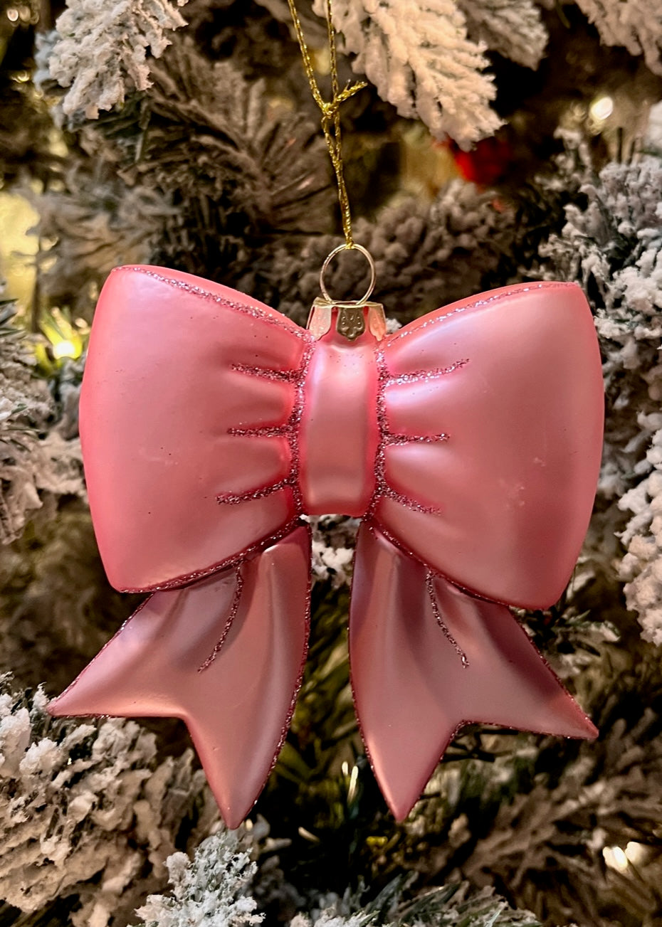 GLASS PINK BOW HANGING ORNAMENT EXW016