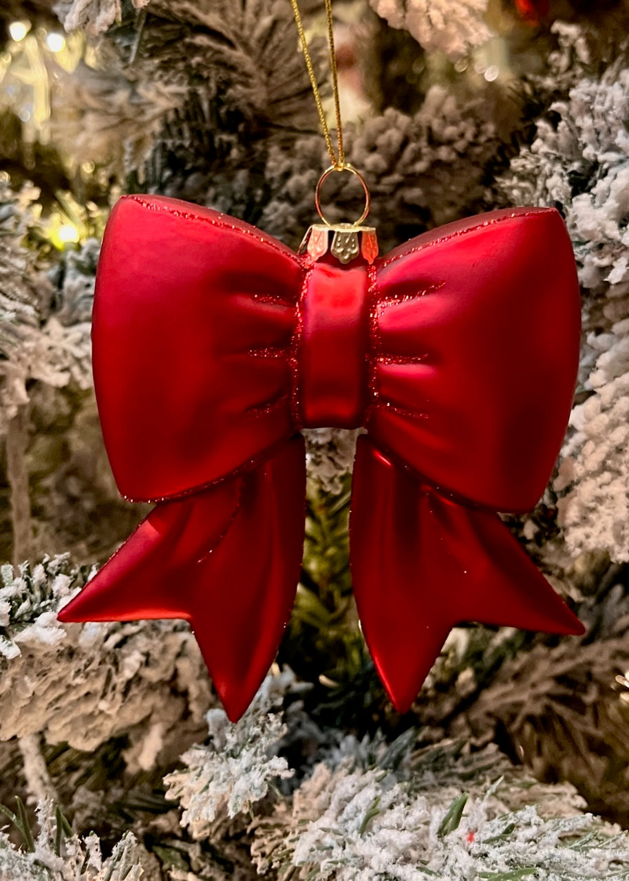 GLASS RED BOW HANGING ORNAMENT EXW018