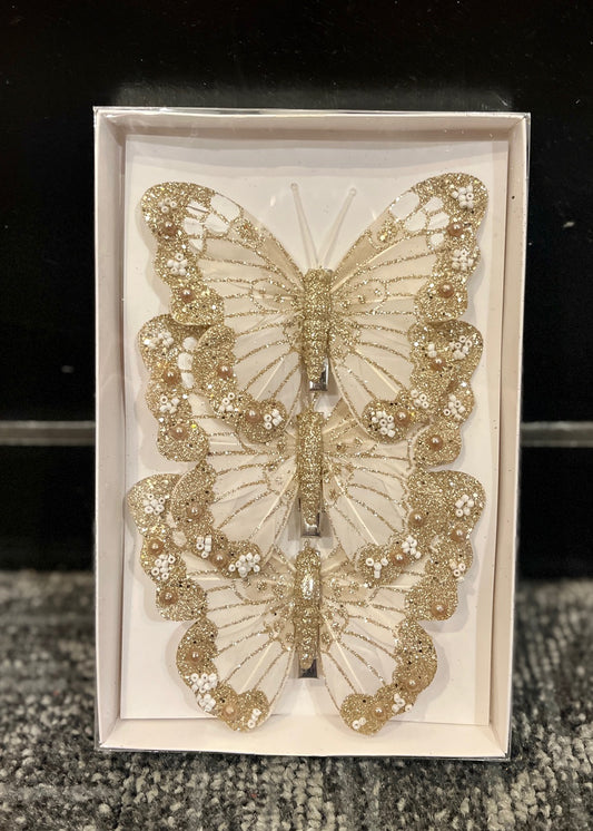 3 PACK IVORY SHIMMERING CLIP ON BUTTERFLIES ECY019