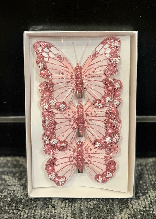 3 PACK PINK SHIMMERING CLIP ON BUTTERFLIES ECY023