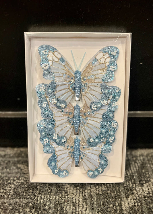 3 PACK LIGHT BLUE SHIMMERING CLIP ON BUTTERFLIES ECY026