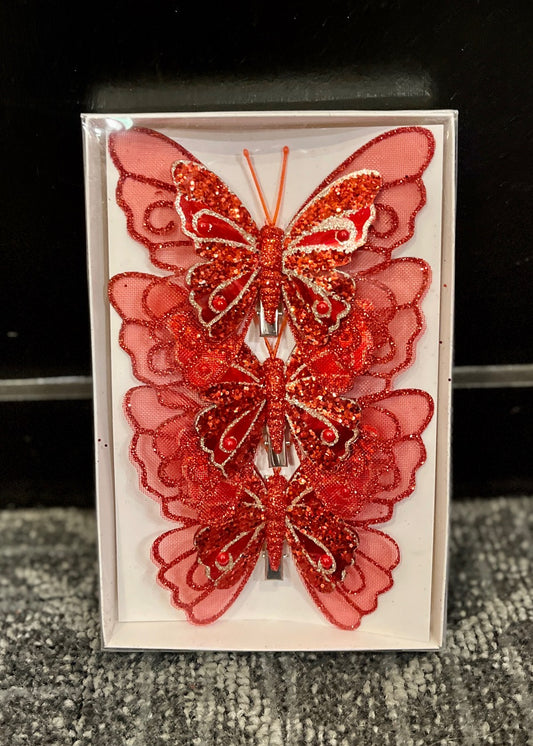 3 PACK RED EMBELLISHED CLIP ON BUTTERFLIES ECY036