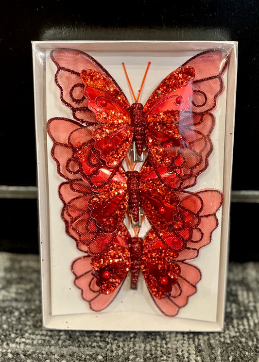 3 PACK BURGUNDY EMBELLISHED CLIP ON BUTTERFLIES ECY037