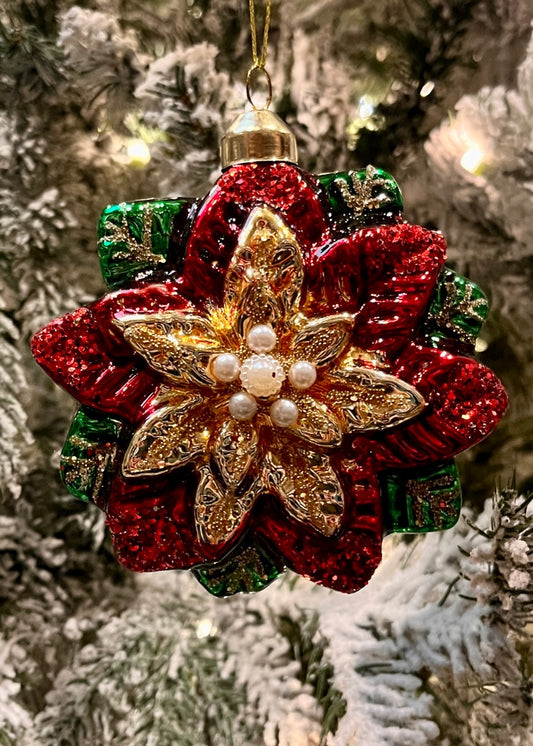 RETRO POINSETTIA GLASS ORNAMENT ECI017