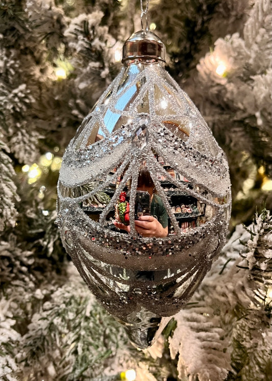 SILVER BEADED VICTORIAN TEARDROP GLASS ORNAMENT ECI064