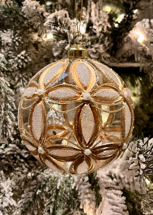 GOLD EMBOSSED FLEUR ROUND GLASS ORNAMENT ECI135