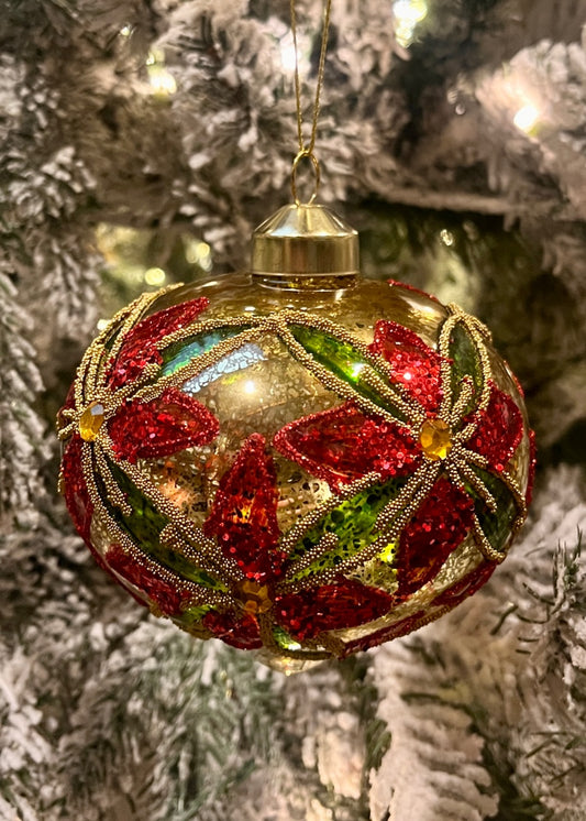 TRADITIONAL BEADED GOLD & RED FLORAL ONION GLASS ORNAMENT ECI202