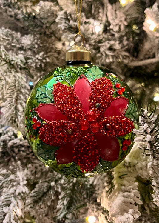 ELABORATE GREEN WITH RED POINSETTIA GLASS ORNAMENT ECI205