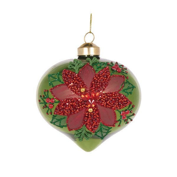 ELABORATE GREEN WITH RED POINSETTIA ONION GLASS ORNAMENT ECI206