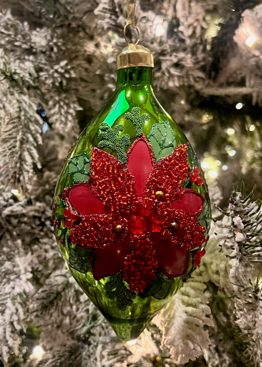 ELABORATE GREEN WITH RED POINSETTIA TEARDROP GLASS ORNAMENT ECI207