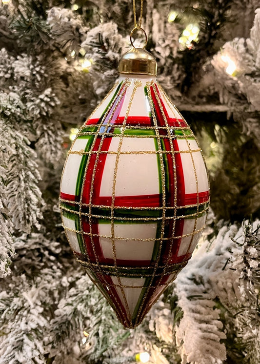 WHITE WITH RED/GREEN/GOLD TARTAN TEARDROP GLASS ORNAMENT ECI210