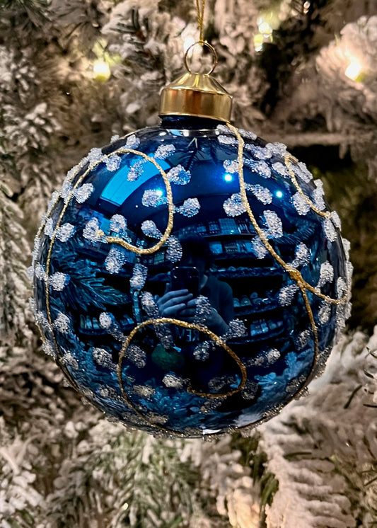 BLUE LEAF ROUND GLASS ORNAMENT ECG007
