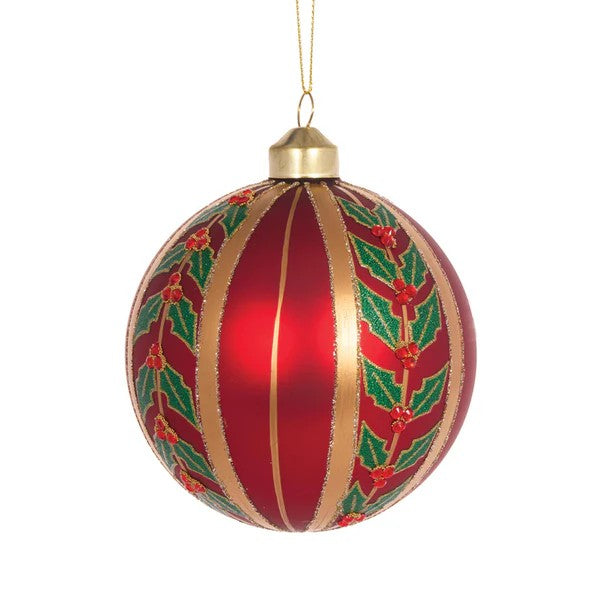MATTE RED AND HOLLY STRIPPED GLASS ORNAMENT ECG013