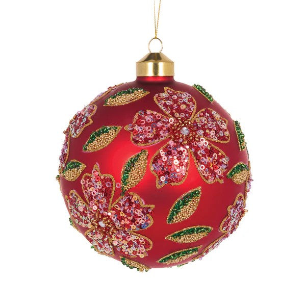MATTE BEADED RED POINSETTIA ROUND GLASS ORNAMENT ECG017