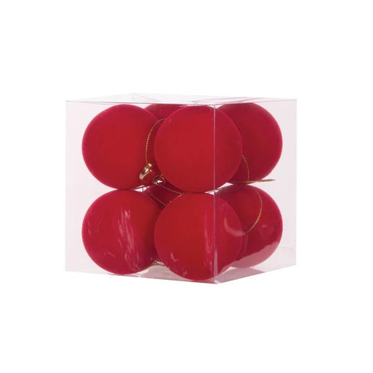 8PK RED FLOCKED BAUBLES EXM020