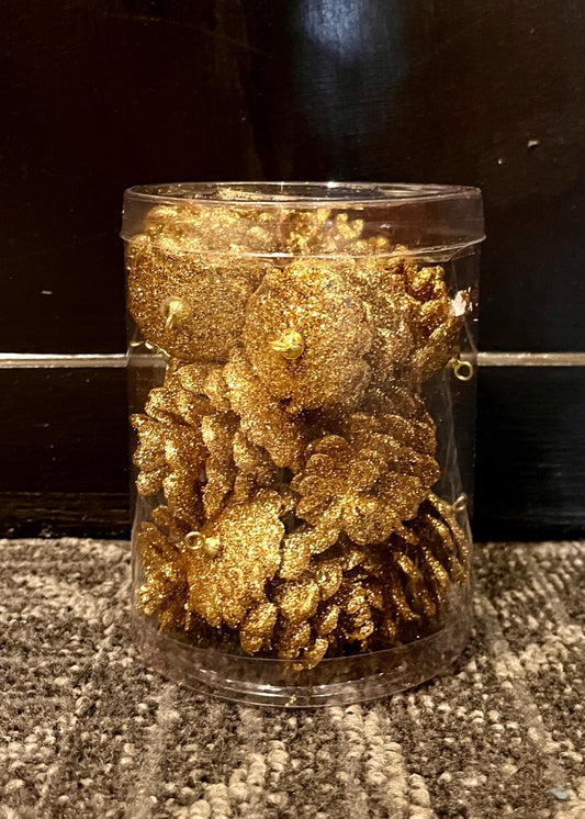 12 PACK MINI GOLD GLITTER PINECONES EXE064