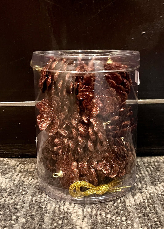 12 PACK MINI BROWN GLITTER PINECONES EXE066