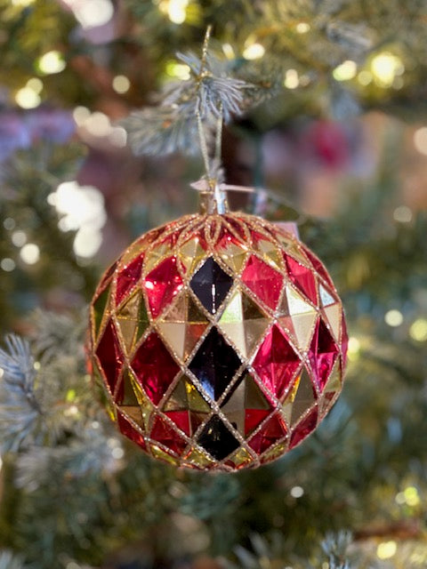 BLACK, GOLD RED HARLEQUIN SHATTERPROOF HANGING ORNAMENT EXE119