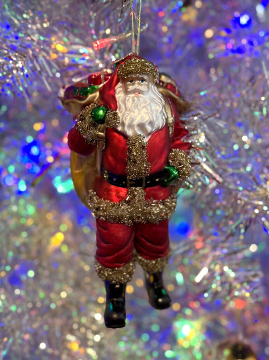SANTA WITH PRESENT SACK GLASS ORNAMENT FCA159
