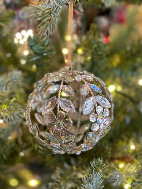 CHAMPAGNE JEWELED FERN DIAMANTE ROUND HANGING ORNAMENT FXP029