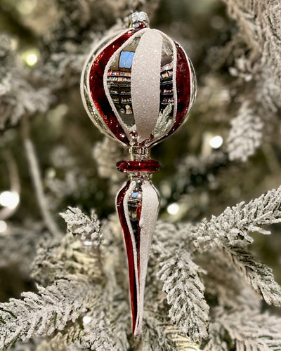 RED WHITE SWIRL FINIAL GLASS HANGING ORNAMENT RAM145