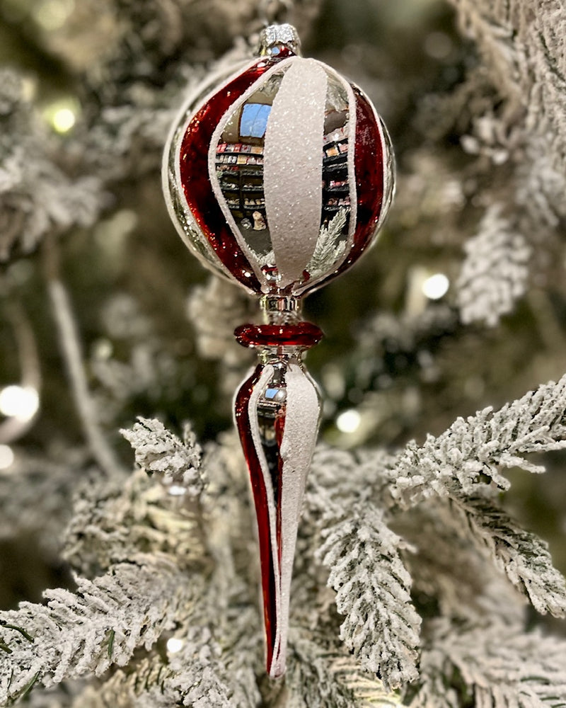 RED WHITE SWIRL FINIAL GLASS HANGING ORNAMENT RAM145