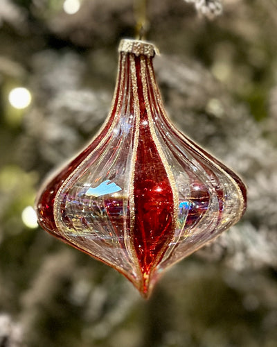 RED CLEAR STRIPED ONION DROP GLASS HANGING ORNAMENT RAM228