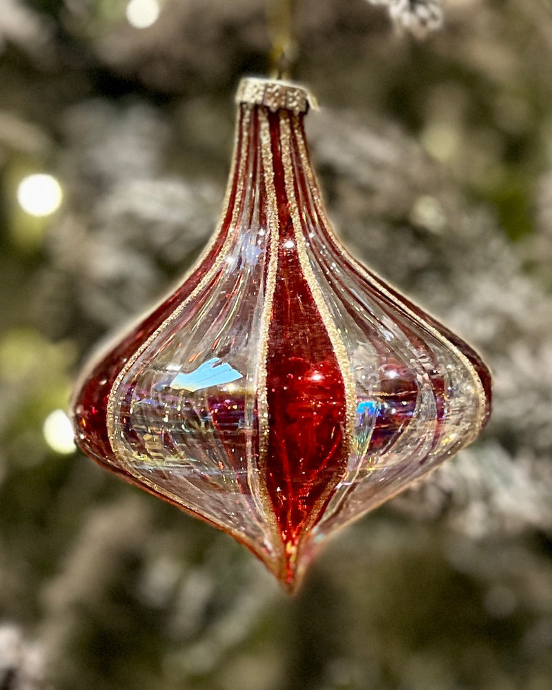 RED CLEAR STRIPED ONION DROP GLASS HANGING ORNAMENT RAM228