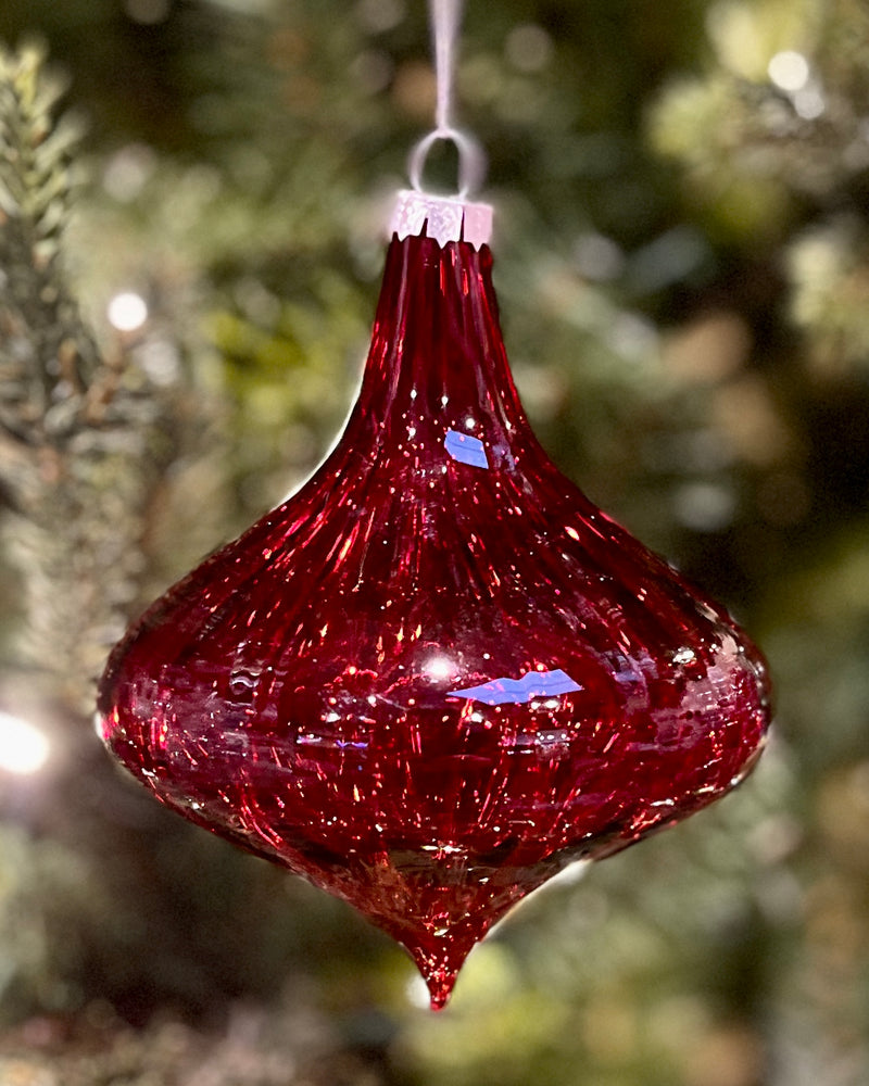 RED CLEAR RIBBED ONION DROP GLASS HANGING ORNAMENT RAM274